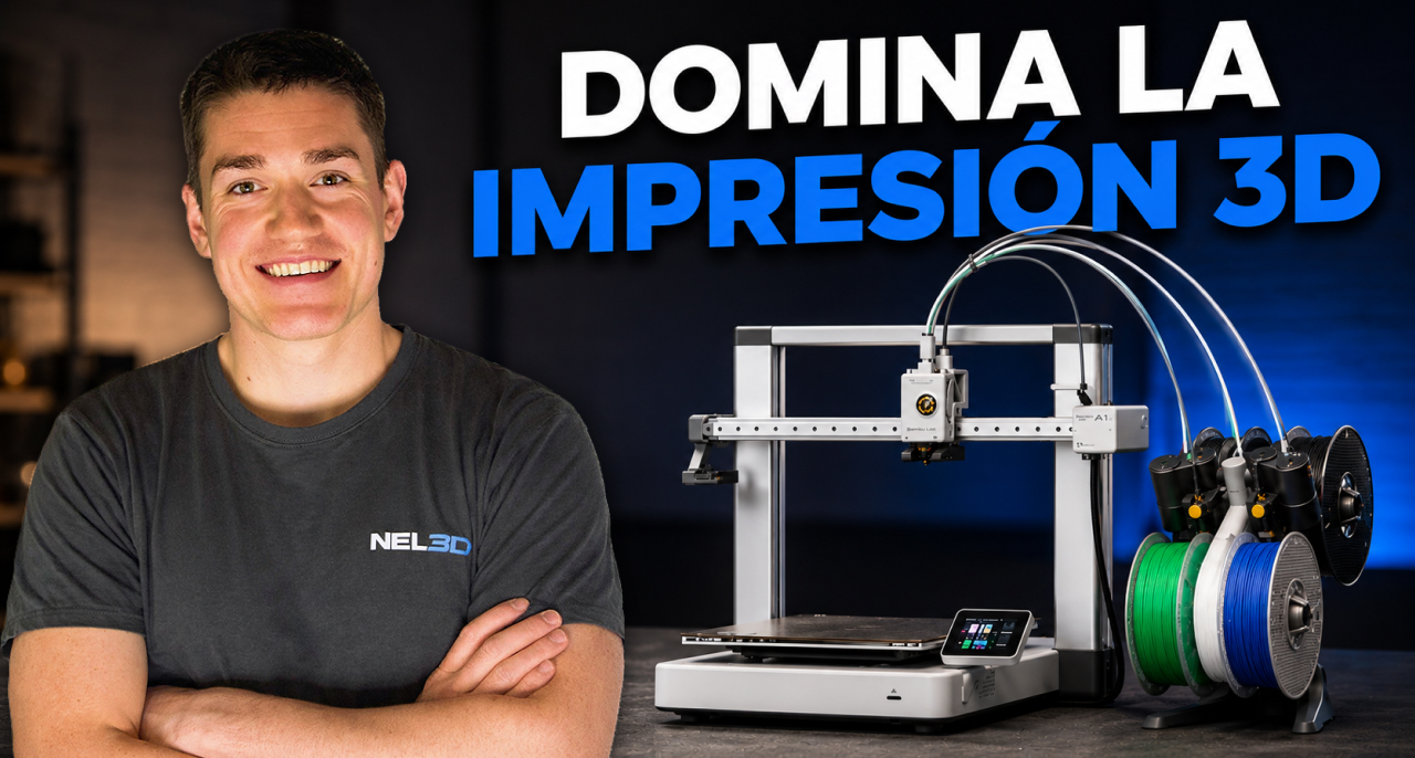Nel, de Aprende3D, junto a una impresora 3D Bambu Lab